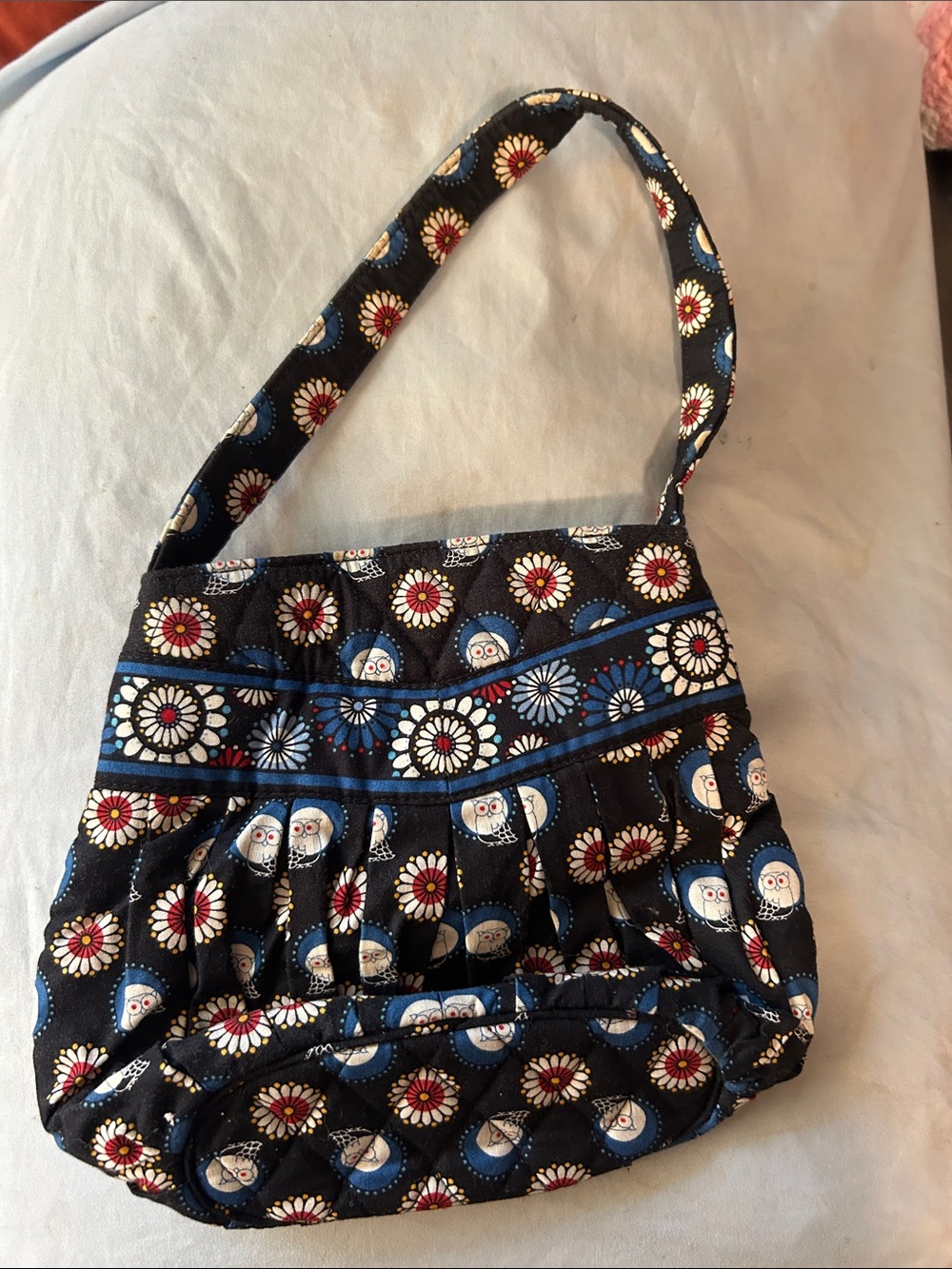 Vera Bradley Black Quilted Shoulder Bag with Blue and Red Floral Motif